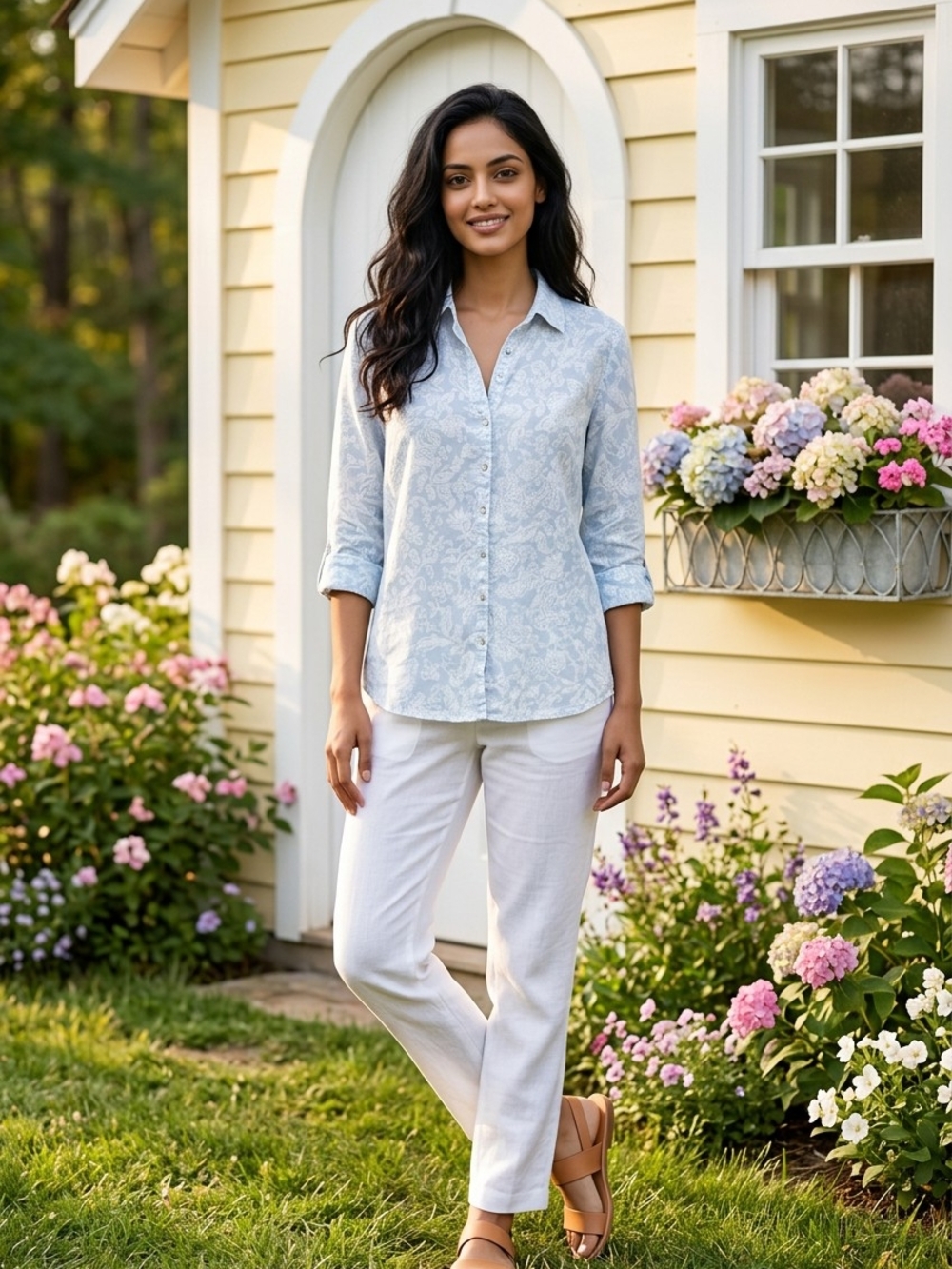 Rachel Zoe Light Blue/White Floral-Paisley Print 100% Linen Button-Down L (Flaw)